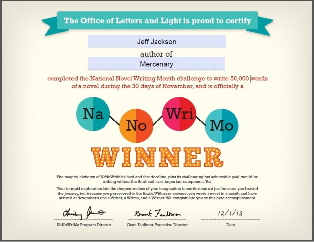 NaNoWriMo 2012 Winner Certificate
