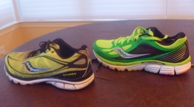 Left, the original Kinvara. Right, the new Kinvara 5. Slightly taller, slightly thicker, but lighter.