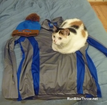 The half-zip is a nice upgrade over the standard race shirt. And it's cat-approved.