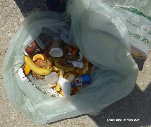 A sample compost bag. Most of the cups and lids were compostable, but we had to sort out the others for recycling.
